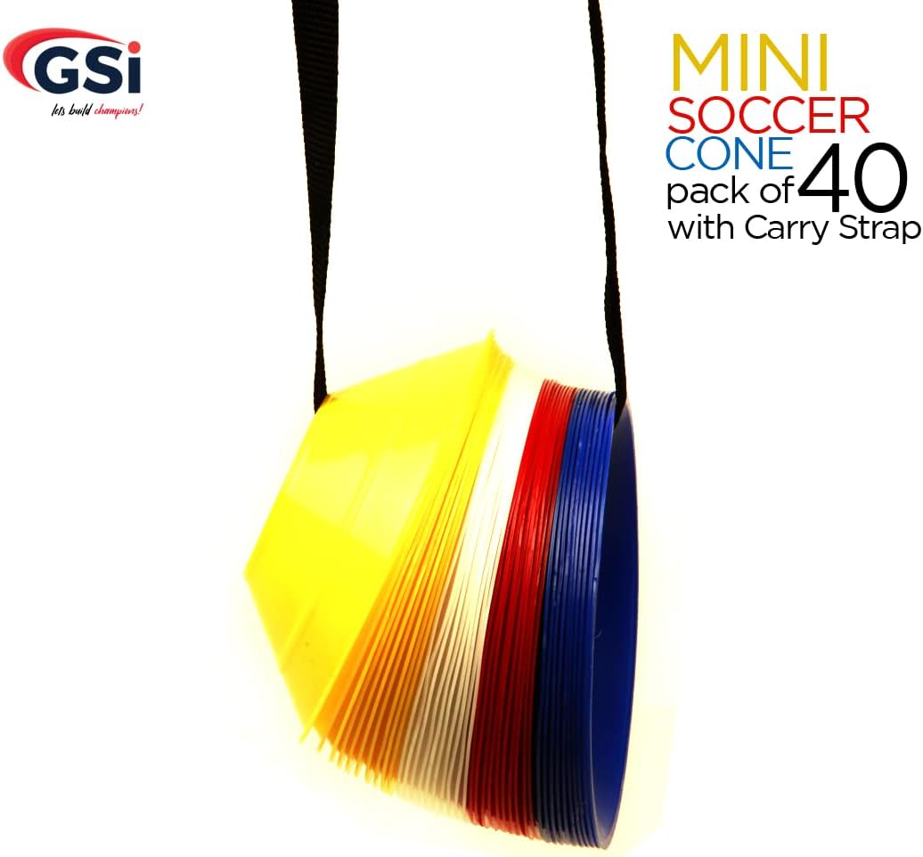 GSi Sports Cones | 40 Pack Training Cones with Strap for Agility Drills, Soccer, and Sports Practice and Shapes