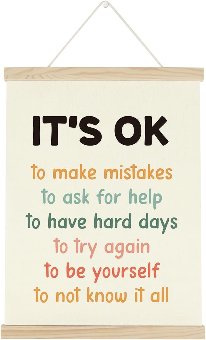 WINGTECA Affirmations for Kids Poster Hanger Frame Classroom Back to School Decorations It's ok to Make Mistakes Colorful Wall Hanging Banner Decor for Classroom Kids Room 12x16Inch