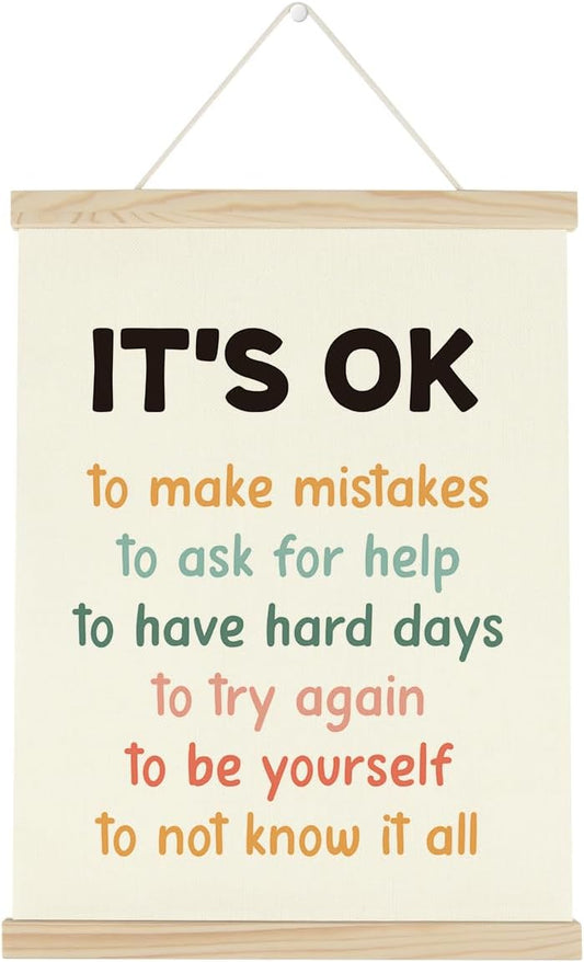 WINGTECA Affirmations for Kids Poster Hanger Frame Classroom Back to School Decorations It's ok to Make Mistakes Colorful Wall Hanging Banner Decor for Classroom Kids Room 12x16Inch