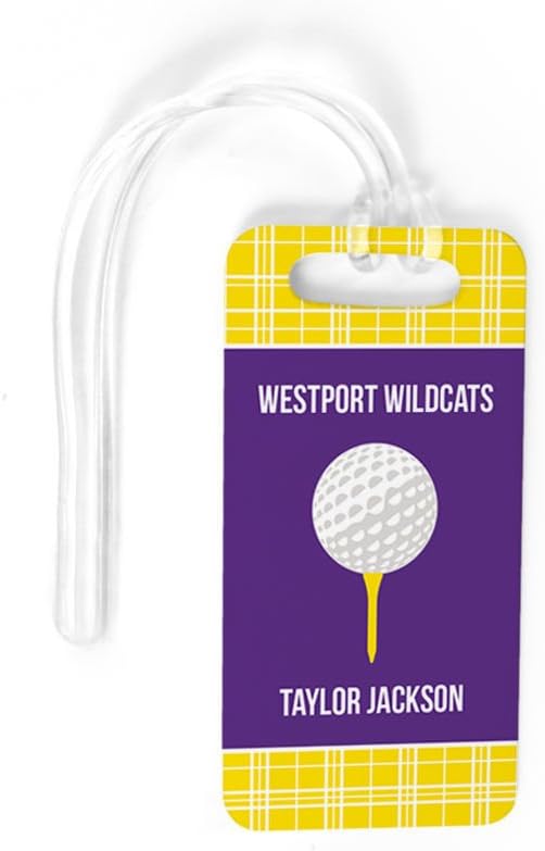 ChalkTalkSPORTS Golf Luggage & Bag Tag | Personalized Team with Golf Ball | Standard Lines on Back | Small | Yellow/Purple