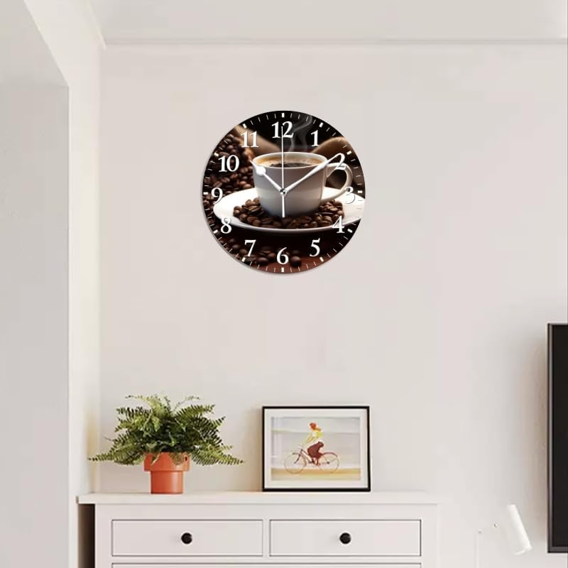 Coffee Wall Clock Non-Ticking Silent Clocks Battery Operated Analog Decor Clock for Home-Cup of Steaming Coffee Surrounded by Scattered Coffee Beans(14inch)