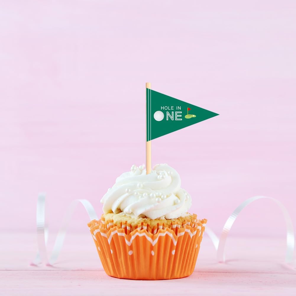 Golf Themed Toothpick Flags, 20 PCS Hole In One 1st Birthday Golf Cocktail Picks Mini Stick Cupcake Toppers Flags for Baby 1st Birthday Party Food Bar Decorations (Green Hole In 1)