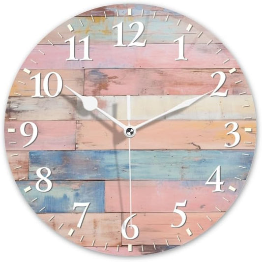 Plank Wall Clock Non-Ticking Silent Clocks Battery Operated Analog Decor Clock for Home-Colorful Pastel Pink Wooden Wall(16inch)