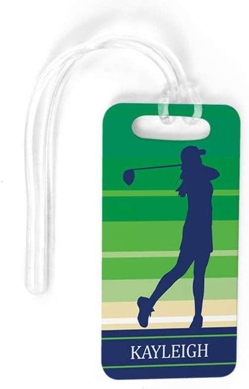 ChalkTalkSPORTS Golf Luggage & Bag Tag | Personalized Female Golfer | Standard Lines on Back | Small | Green