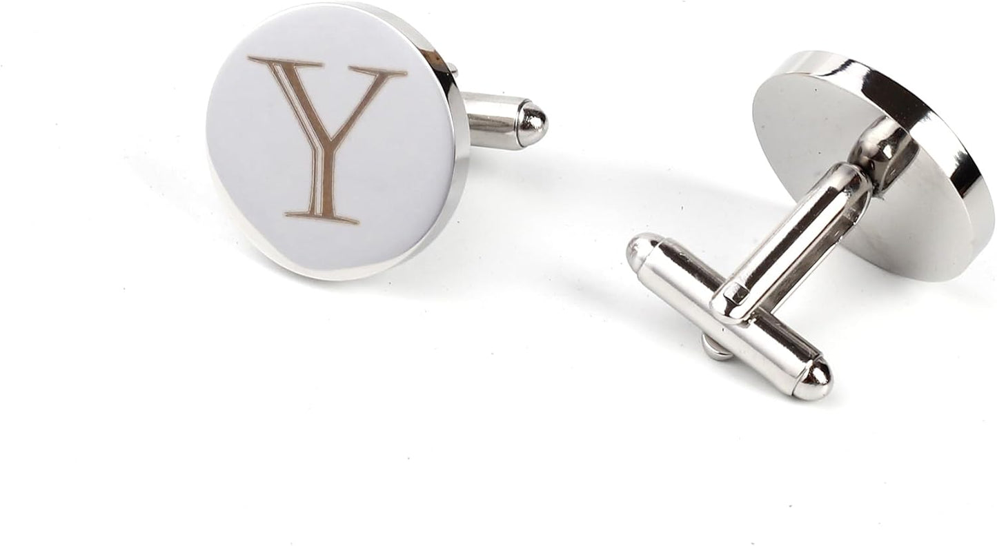 Mens Initial Silver Cufflinks A-Z Alphabet Letter Steel Cuff Links with Engraved Walnut Wood Box Groom Groomsman Wedding Set…