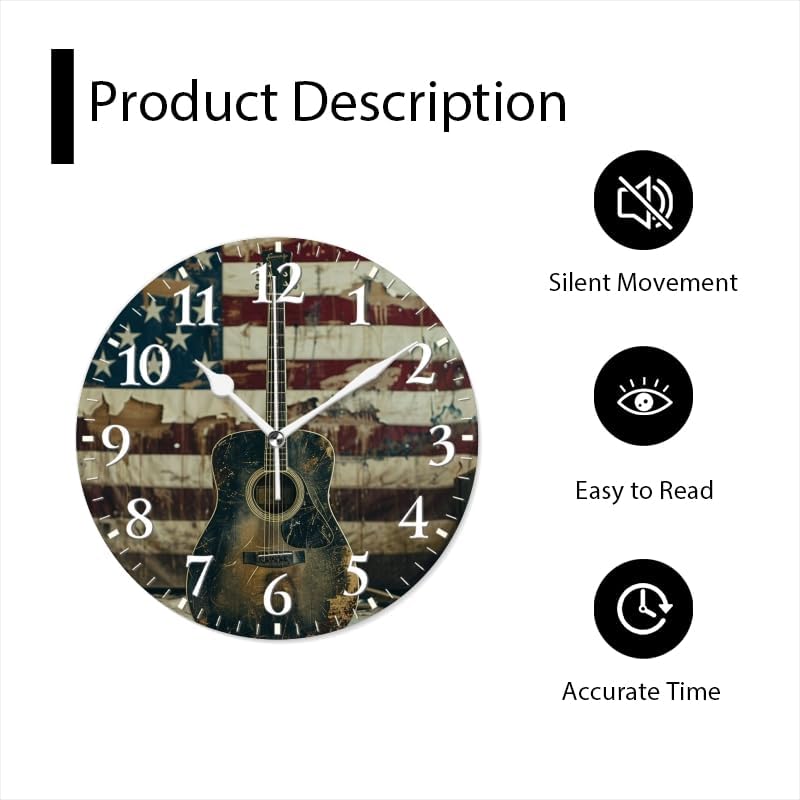 Guitar Wall Clock Non-Ticking Silent Clocks Battery Operated Analog Decor Clock for Home-Acoustic Guitar Leaning Against Old American Flag(14inch)