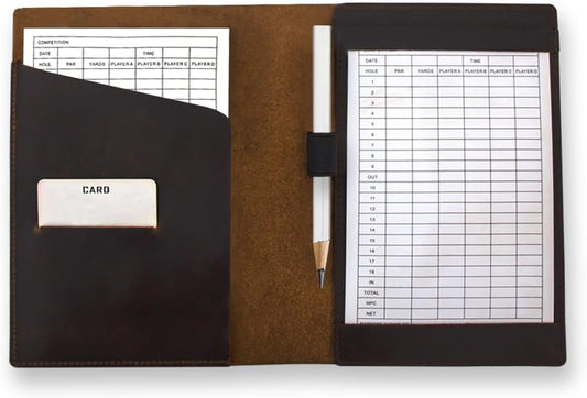 Leather Golf Scorecard Holder: USA Genuine Crazy Horse Leather Golf Yardage Book Cover with 1 Scorecard 1 Pencil Golf Notebook Back Pocket Cool Golf Gifts for Him Golfers Men
