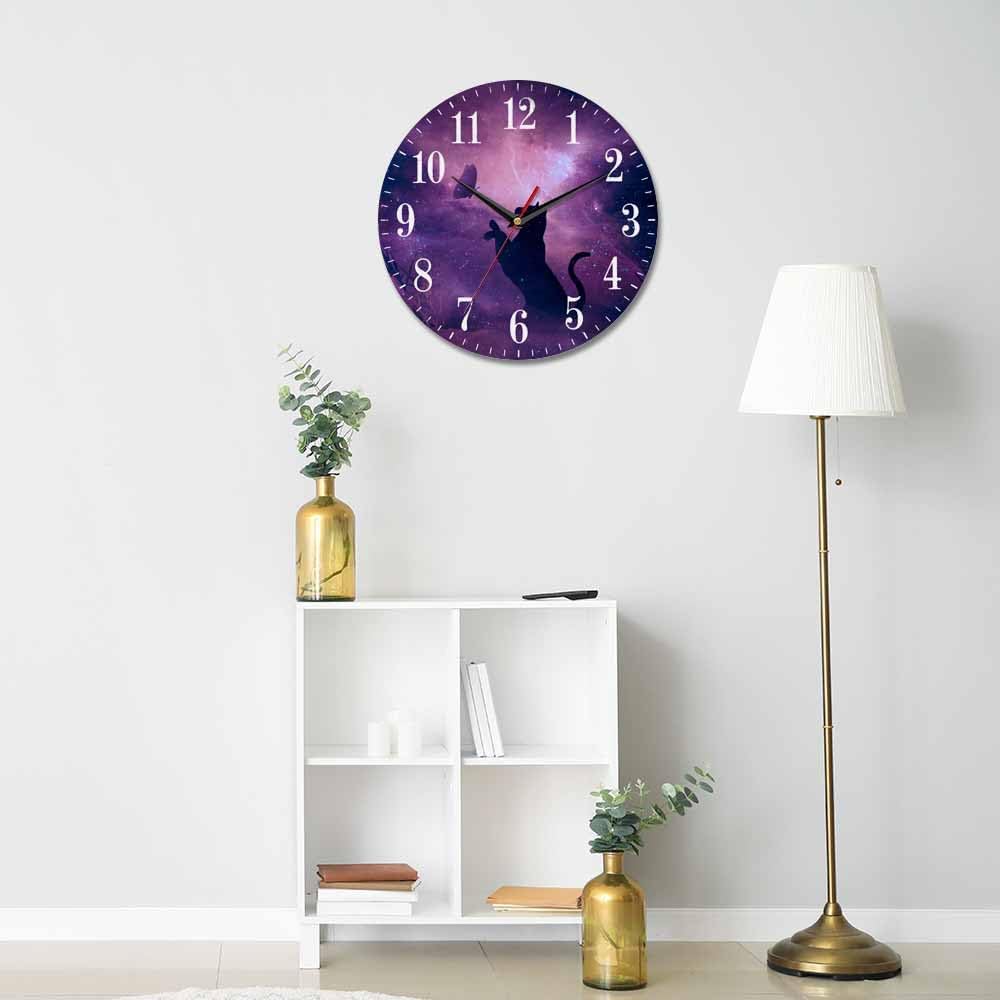 Mxocom Cat Silhouette Wall Clock Butterfly Starry Sky Galaxy Stars Shine Beautiful Night 10 Inch Silent Non Ticking Battery Operated Clock Vintage Round Clock for Living Room Bedroom Bathroom Decor
