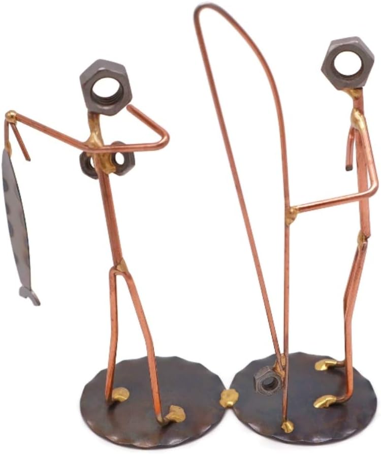 Fisherman with Wife Collectible Handmade Metal Art Figurine, Desk Accessories, Trophy, Boss Gift, Office Décor, Outdoor Sports, Fishing