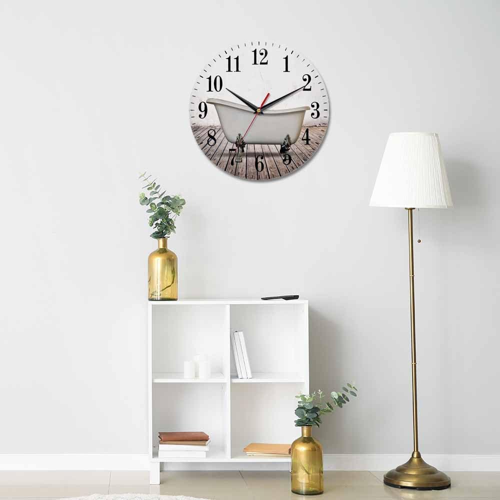 Mxocom Vintage Bathtub Wall Clock Bathroom White Old Wall Wood Floor 10 Inch Silent Non Ticking Battery Operated Clock Vintage Round Clock for Living Room Bedroom Bathroom Office Decor