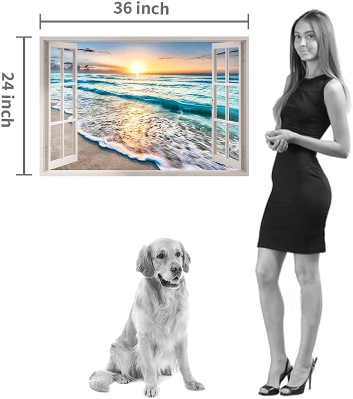 beach canvas window wall art: beach picture coastal artwork seascape ocean scene prints - looking out fake window wall decor for bedroom 36"x24"