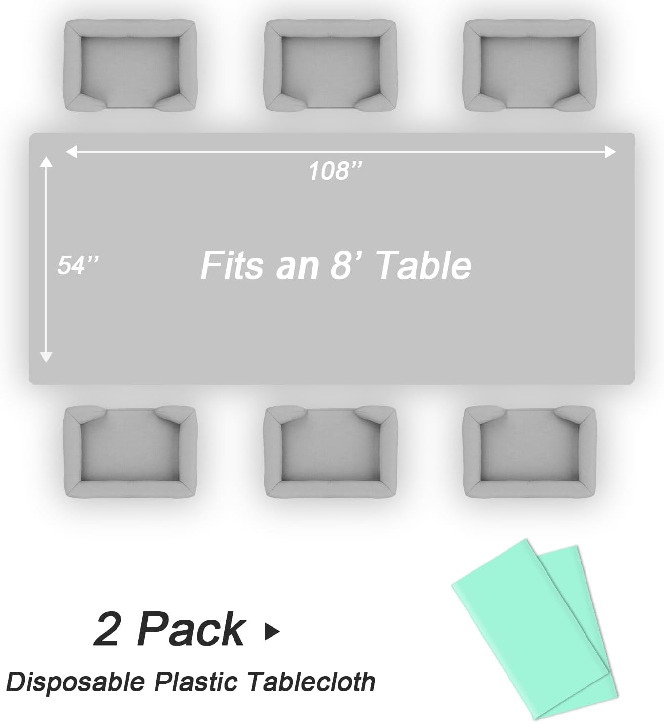 QIKSION Plastic Table Cloth Disposable 2 Pack, 54 x 108 Inch Tablecloths for Rectangle Tables, Fresh Mint Plastic Table Cover