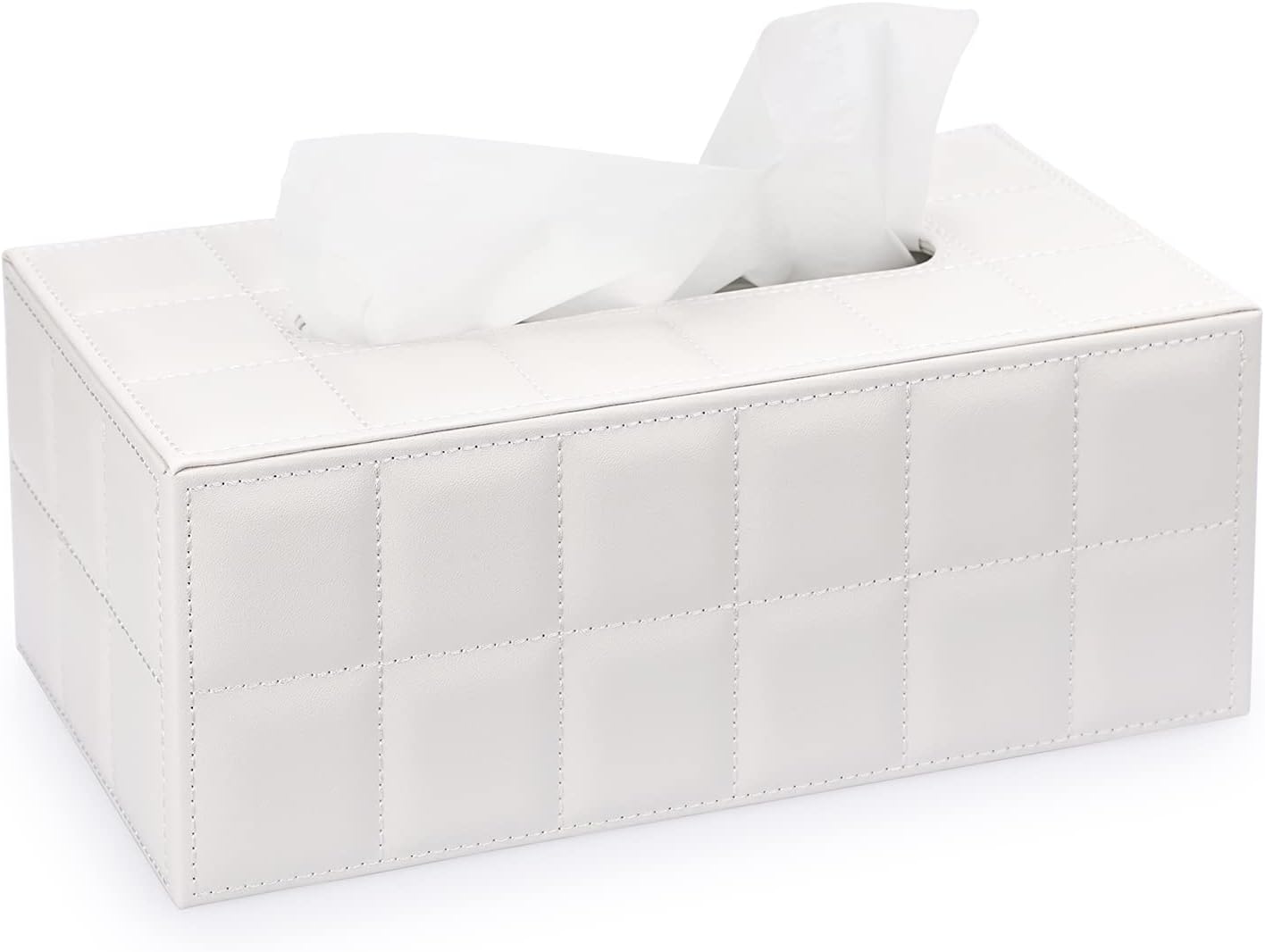 Sumnacon Rectangular Leather Tissue Box Cover - Stylish Tissue Box Holder with Magnetic Bottom, Decorative PU Tissue Box for Vanity Dresser Night Stand Table Countertop Home Office Car,Grid White