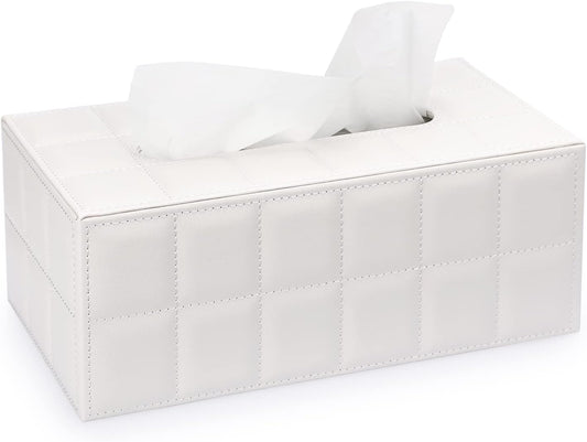 Sumnacon Rectangular Leather Tissue Box Cover - Stylish Tissue Box Holder with Magnetic Bottom, Decorative PU Tissue Box for Vanity Dresser Night Stand Table Countertop Home Office Car,Grid White