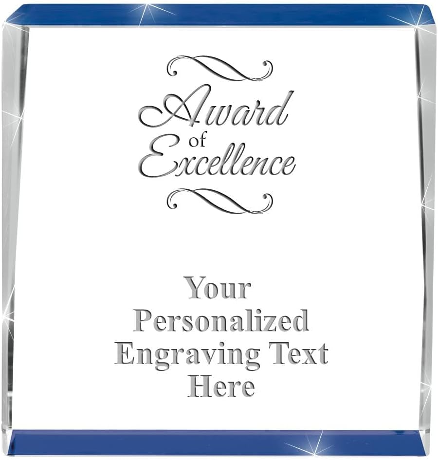 Crown Awards Customizable Crystal Trophy, 4" Engraved Blue Spotlight Crystal Award