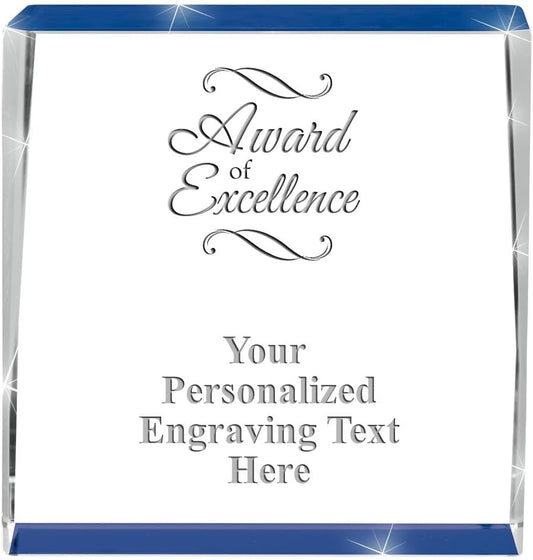 Crown Awards Customizable Crystal Trophy, 4" Engraved Blue Spotlight Crystal Award