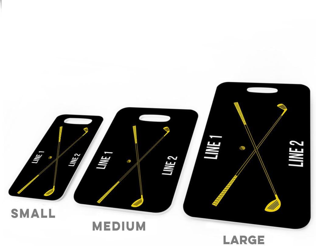 ChalkTalkSPORTS Golf Luggage & Bag Tag | Personalized Crossed Golf Clubs | Standard Lines on Back | Small | Black/Yellow