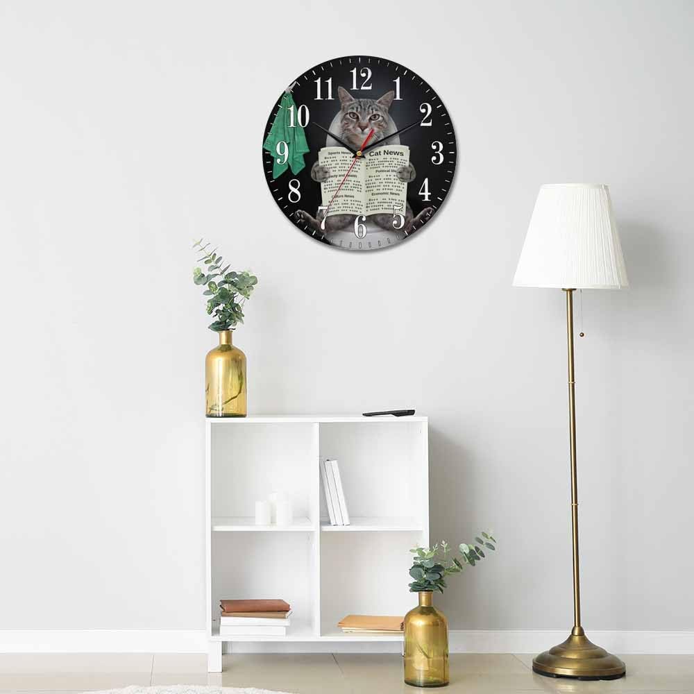 Mxocom Funny Cat Wall Clock Gray Cat Reading Newspaper Bathroom White Toilet Bowl 10 Inch Silent Non Ticking Battery Operated Clock Vintage Round Clock for Living Room Bedroom Bathroom Office Decor