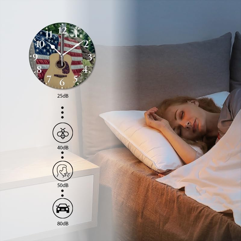 Guitar Wall Clock Non-Ticking Silent Clocks Battery Operated Analog Decor Clock for Home-Guitars Sitting On Fence with American Flag(14inch)
