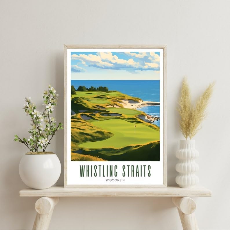 Nationcog Whistling Straits Golf Wall Art Poster, Wisconsin Lakefront Course Print for Home or Office, Vintage Coastal Decor, Golf Gift for Dad, Husband, or Sports Lovers (Unframed) (16x24)