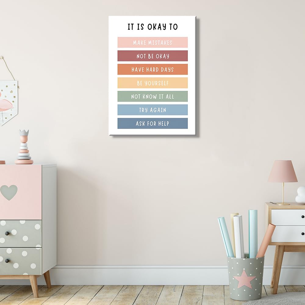 uoyien Growth Mindset Mental Health Posters Boho Classroom Playroom Therapy Wall Decor Affirmations Quotes Canvas Wall Art Kids Educational Prints For Calming Corner Decoration 12x16in Wood Framed