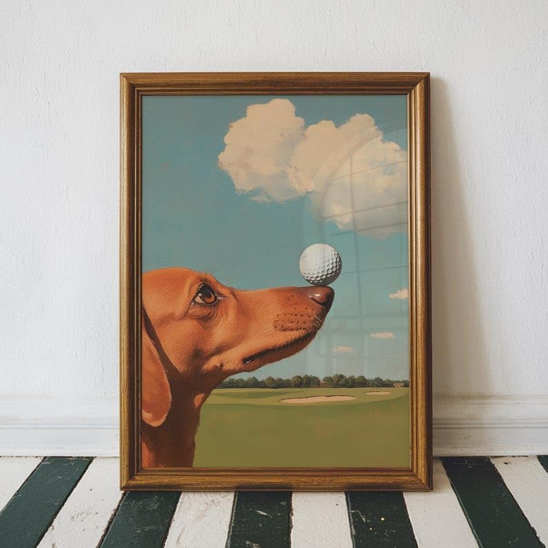 Nationcog Elegant Dachshund Golf Wall Art, Retro Wiener Dog Sports Oil Painting Print for Bar, Office or Home Decor, Playful Golfer Artwork for Dog Lovers (Unframed) (24x36)