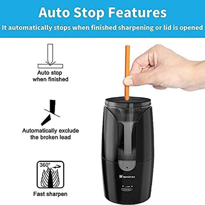 Chargeable Electric Pencil Sharpener, Heavy Duty Adjustable Art Sharpeners, Powered Auto-Stop Pencil Sharpener for Teacher Use, School, Home, Classroom Product Supplies 8028 (Black with Replace Blade)