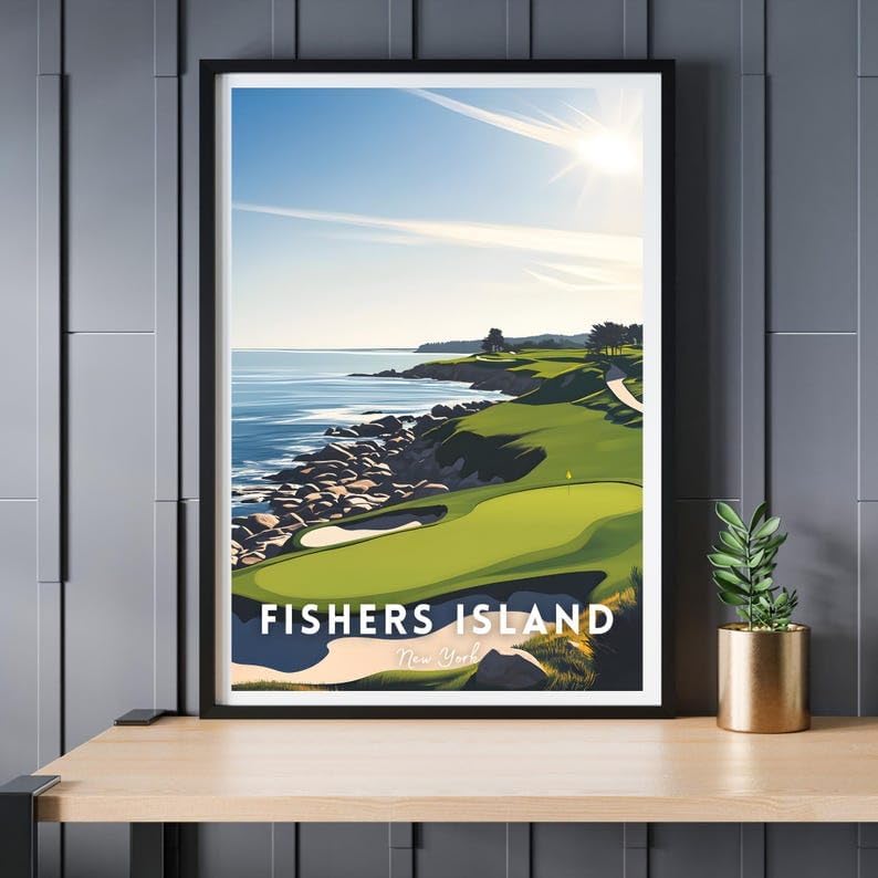 Nationcog Fishers Island Golf Course Poster, New York Vintage Wall Art, Coastal Home Decor, Unique Gift for Dad or Husband, Classic Golf Print for Office or Study (Unframed) (20x30)