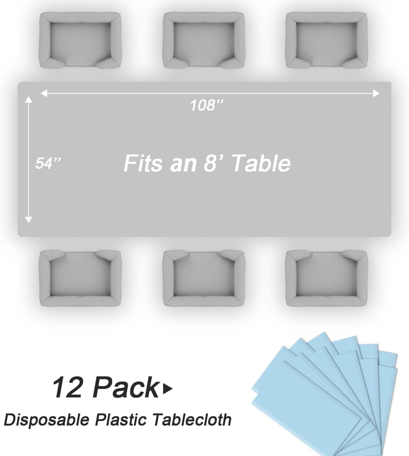 QIKSION Plastic Table Cloth Disposable 12 Pack, 54 x 108 Inch Tablecloths for Rectangle Tables, Light Blue Plastic Table Cover