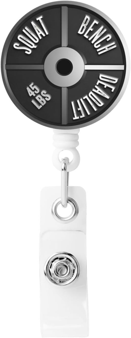 Barbell Plate Weight Badge Reels Retractable Badge Holder with Clip for Id Name Tag Office Worker Student Teacher Nurse Doctor