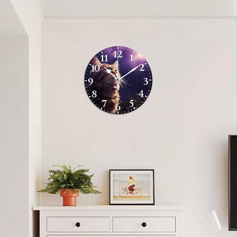 Cat Wall Clock Non-Ticking Silent Clocks Battery Operated Analog Decor Clock for Home-Cute Cat Gazing at Butterflies in The Sky(16inch)