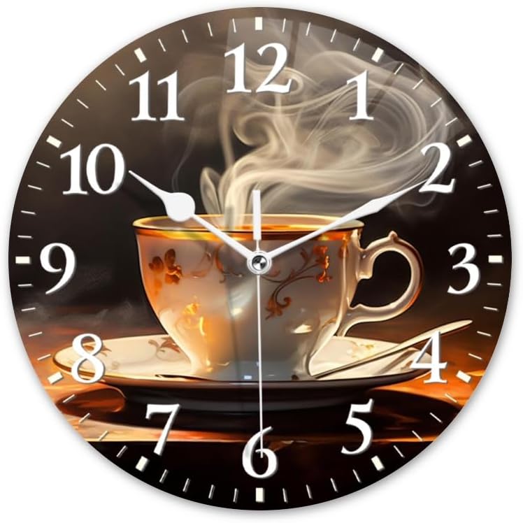 Coffee Wall Clock Non-Ticking Silent Clocks Battery Operated Analog Decor Clock for Home-Steaming Cup of Coffee On The Table(16inch)