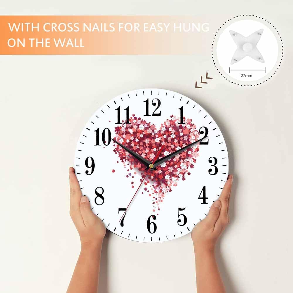 Mxocom Floral Love Heart Wall Clock Beautiful Romantic Red Pink Rose Peony Flower Petal 10 Inch Silent Non Ticking Battery Operated Clock Vintage Round Clock for Living Room Bedroom Bathroom Decor