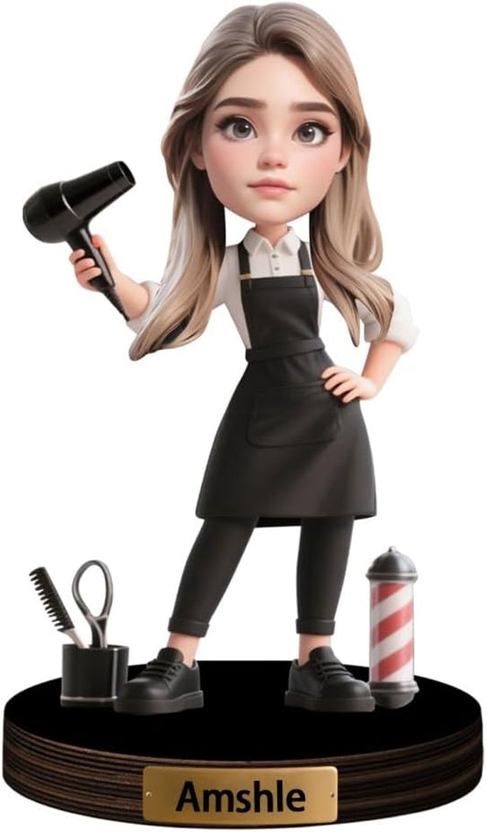 Personalized Women Barber Caricature Figurine Desk Decor Plaque Custom Barbershop Figurine Ornament Sign Hairdresser Cartoon Portrait Name Plaque Gifts for Christmas Birthday Anniversary,02