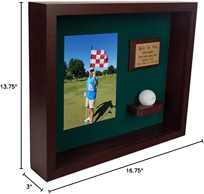 Hole in One Shadowbox and Golf Ball Display Case | Personalized Engraved Plate | Holds Golf Ball and Scorecard or Photo | Vertical Layout | Cherry Finis | Wall Mounted