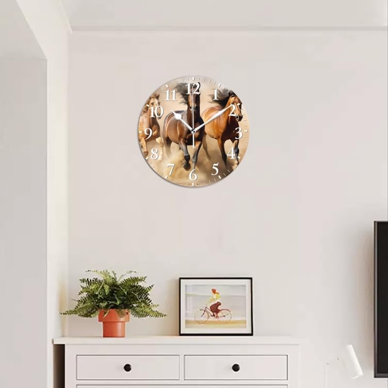 Horses Wall Clock Non-Ticking Silent Clocks Battery Operated Analog Decor Clock for Home-Horses Running Through The Desert Dust Flying(12inch)