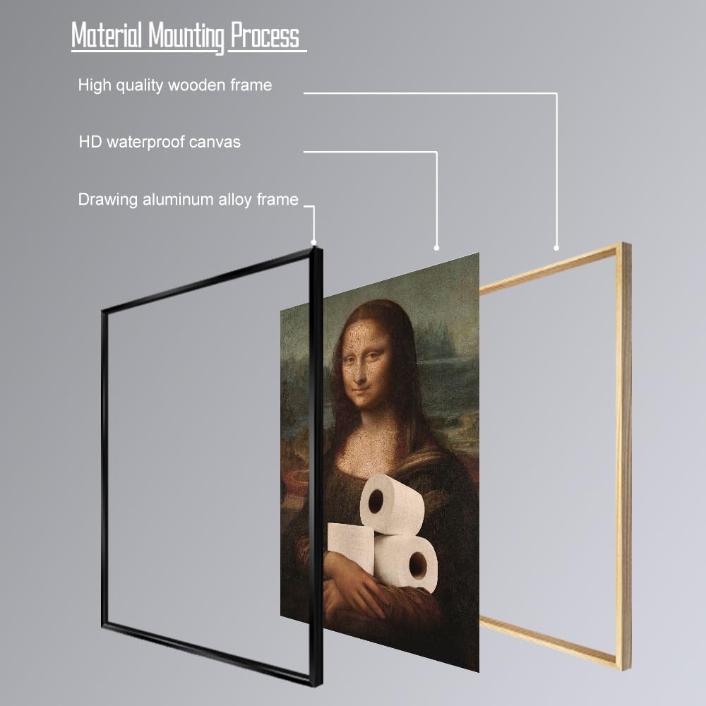 Funny Bathroom Wall Art Classical Oil Painting Mona Lisa and Toilet Paper Poster Amusing Prank Canvas Prints Vintage Humor Wall Decor for Restroom 12x16in Framed