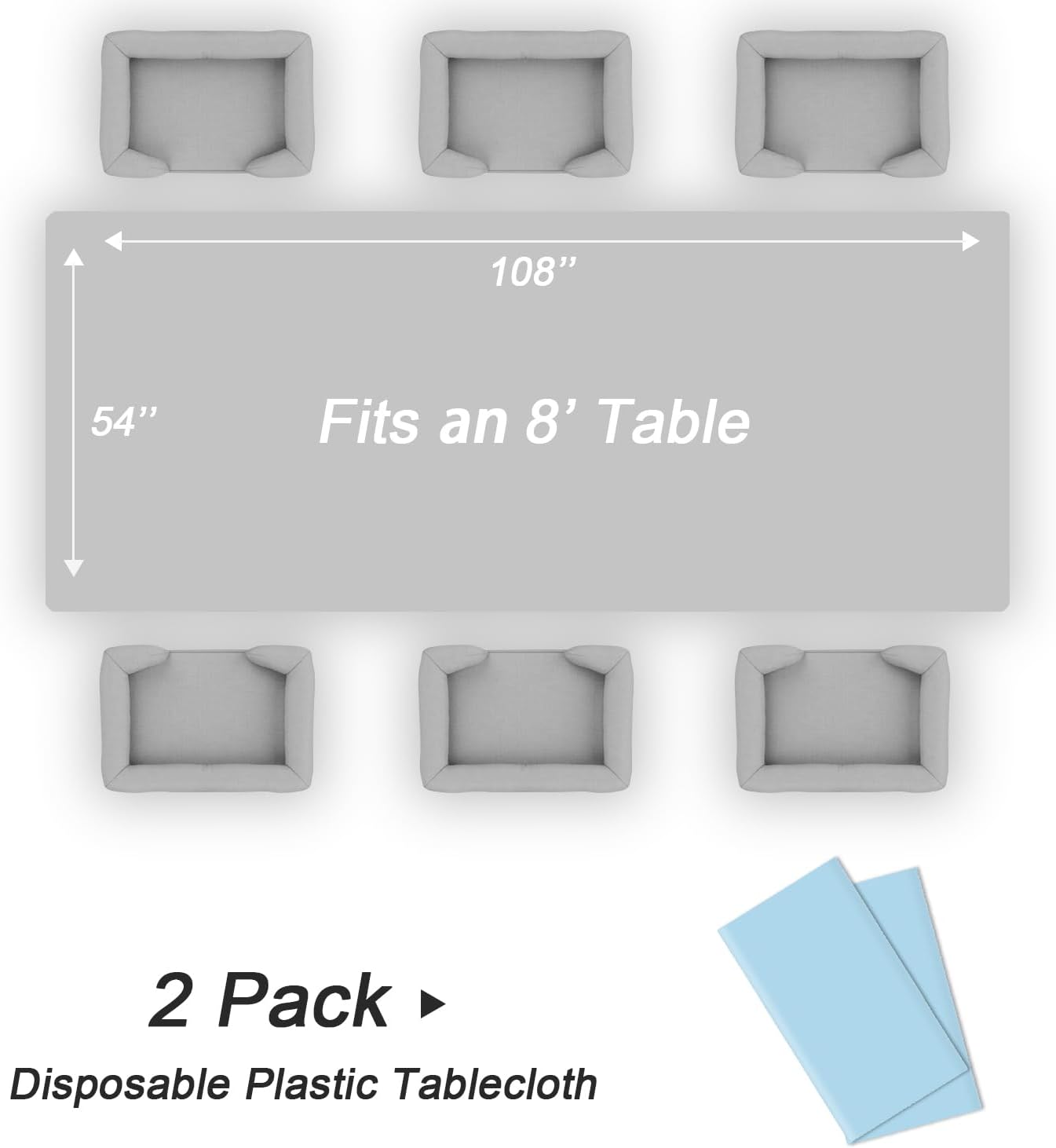 QIKSION Plastic Table Cloth Disposable 2 Pack, 54 x 108 Inch Tablecloths for Rectangle Tables, Light Blue Plastic Table Cover
