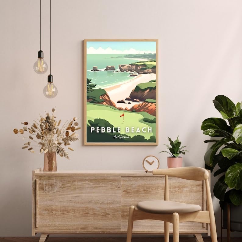 Nationcog Pebble Beach Golf Wall Art Print, Retro Coastal Landscape Poster for Bedroom or Office, Beachside Decor for Men, Great Gift for Dad, California Golf Artwork (Unframed) (24x36)