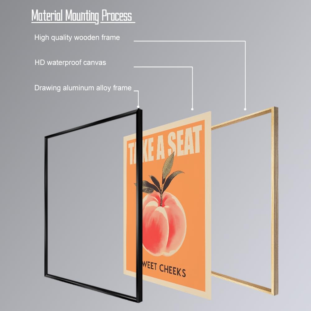 Take a Seat Sweet Cheeks Poster, Funny Bathroom Wall Art Peach Bum Art Canvas Print, Minimalist Preppy Orange Pink Wall Decor for Dorm Toilet 20x30in Framed