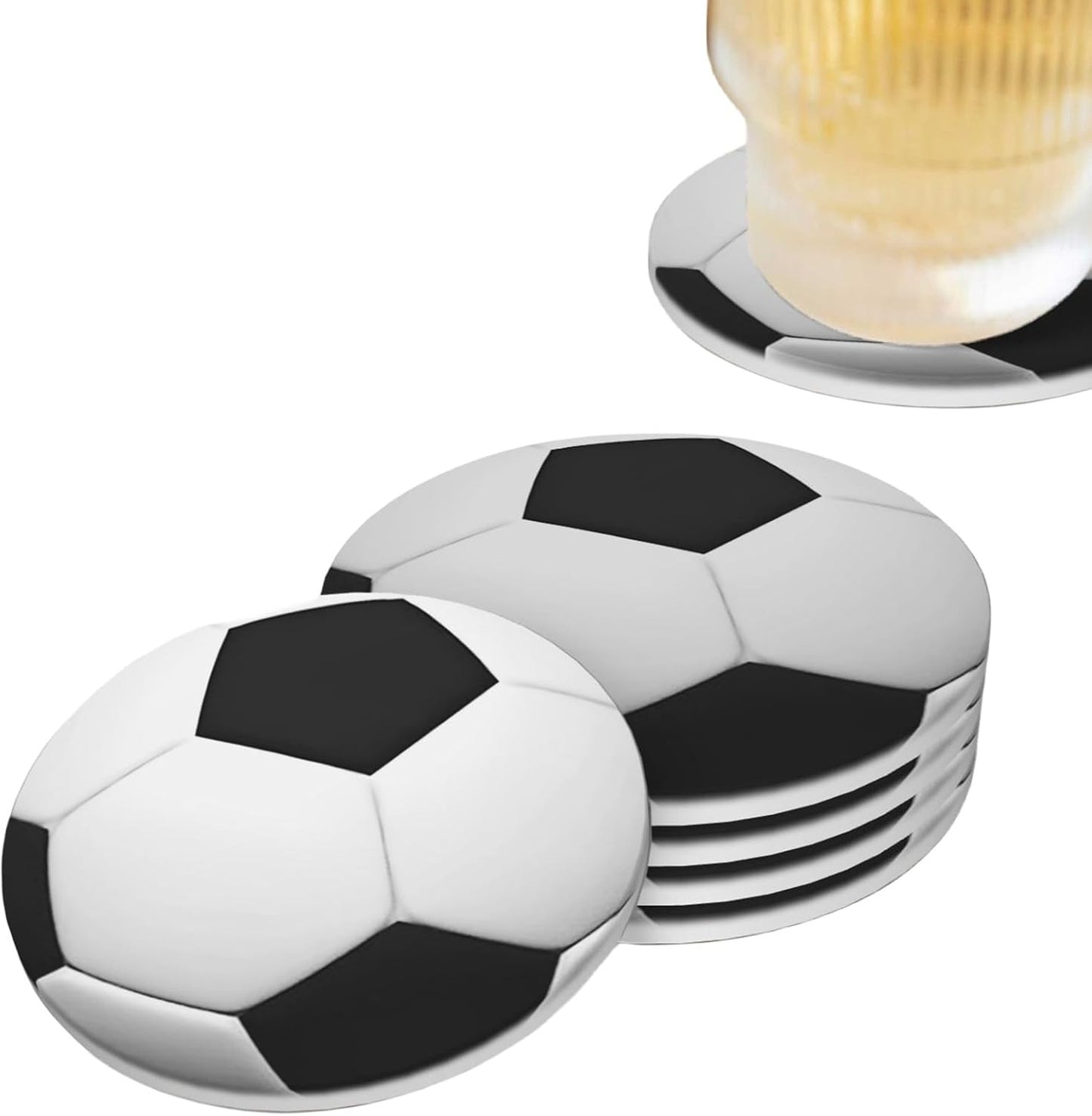 Soccer Ball Coasters for Drinks Set of 4, Absorbent Ceramic Drink Coasters for Coffee Table Wooden Table Cup Bar, 4 Inches