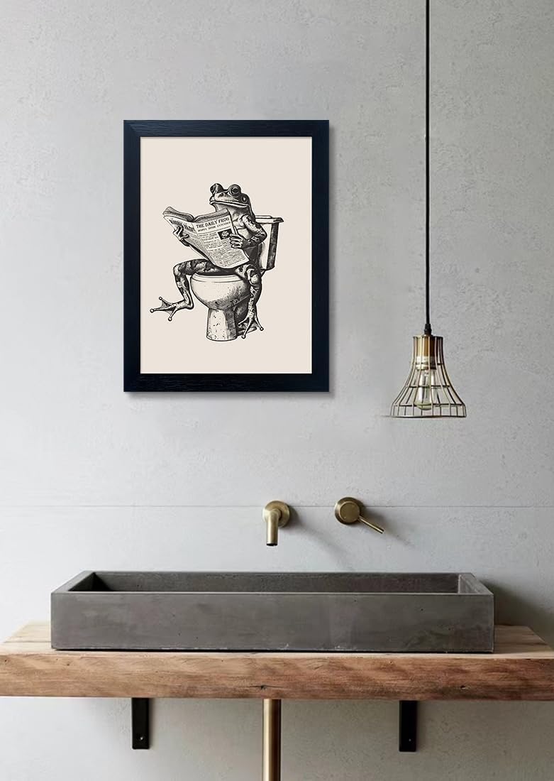 Black Framed Bathroom Wall Art Funny Bathroom Wall Decor Frog on Toilet Reading Newspaper Canvas Print Animal Artwork Pictures for Decorations