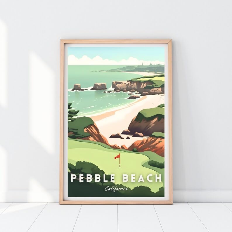Nationcog Pebble Beach Golf Wall Art Print, Retro Coastal Landscape Poster for Bedroom or Office, Beachside Decor for Men, Great Gift for Dad, California Golf Artwork (Unframed) (16x24)