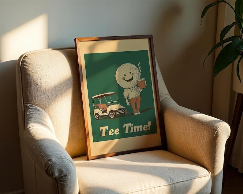Vintage Tee Time Golf Wall Art, Retro Sports Poster Print for Bar, Office or Game Room Decor, Whimsical Golfer Artwork with Coffee and Golf Cart (Unframed) (16x24)