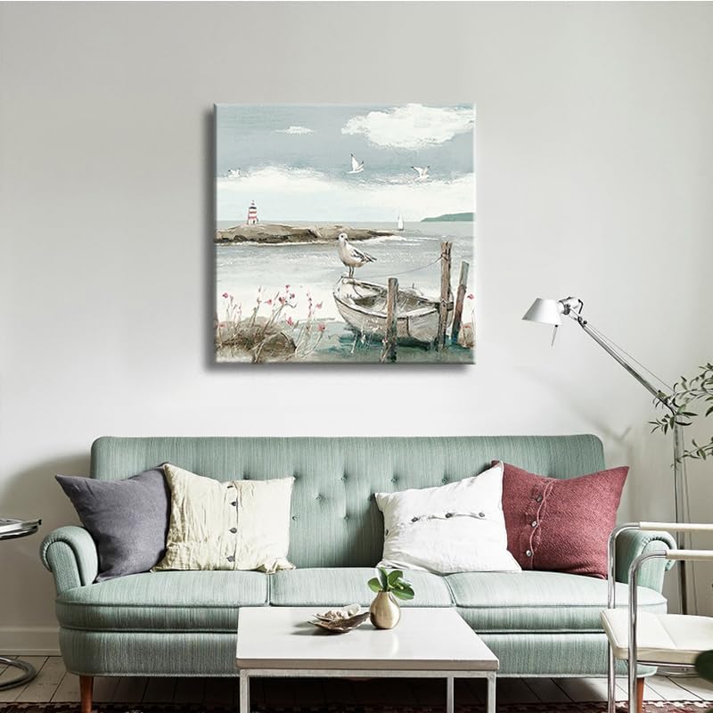 dgbtcart Coastal Bathroom Decor Vintage Ocean Theme Wall Art Sea Birds Seagull on the Boat Canvas Print Seascape Beach Pictures Artwork Hanging for Dining Office Living Room Bedroom 20"x20"inch