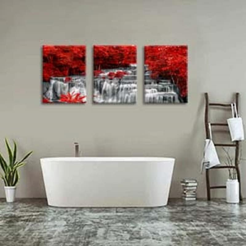 Yxbhhym Black White and Red Waterfall Canvas Wall Art Trees Forest Painting Landscape Artwork for Wall Picture Waterfall Prints for Bedroom Living Room Decor Bathroom Wall Art-Framed