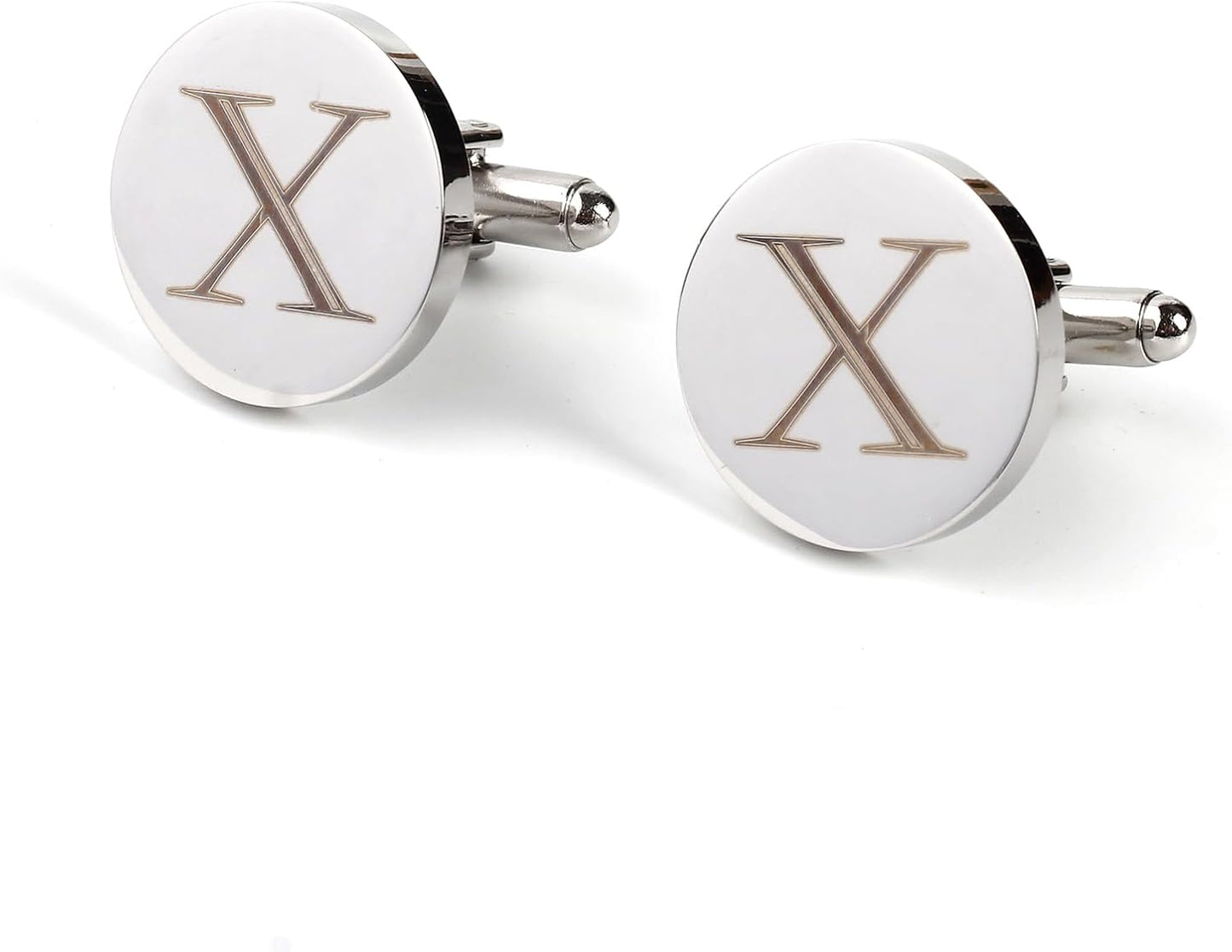 Mens Initial Silver Cufflinks A-Z Alphabet Letter Steel Cuff Links with Engraved Walnut Wood Box Groom Groomsman Wedding Set…