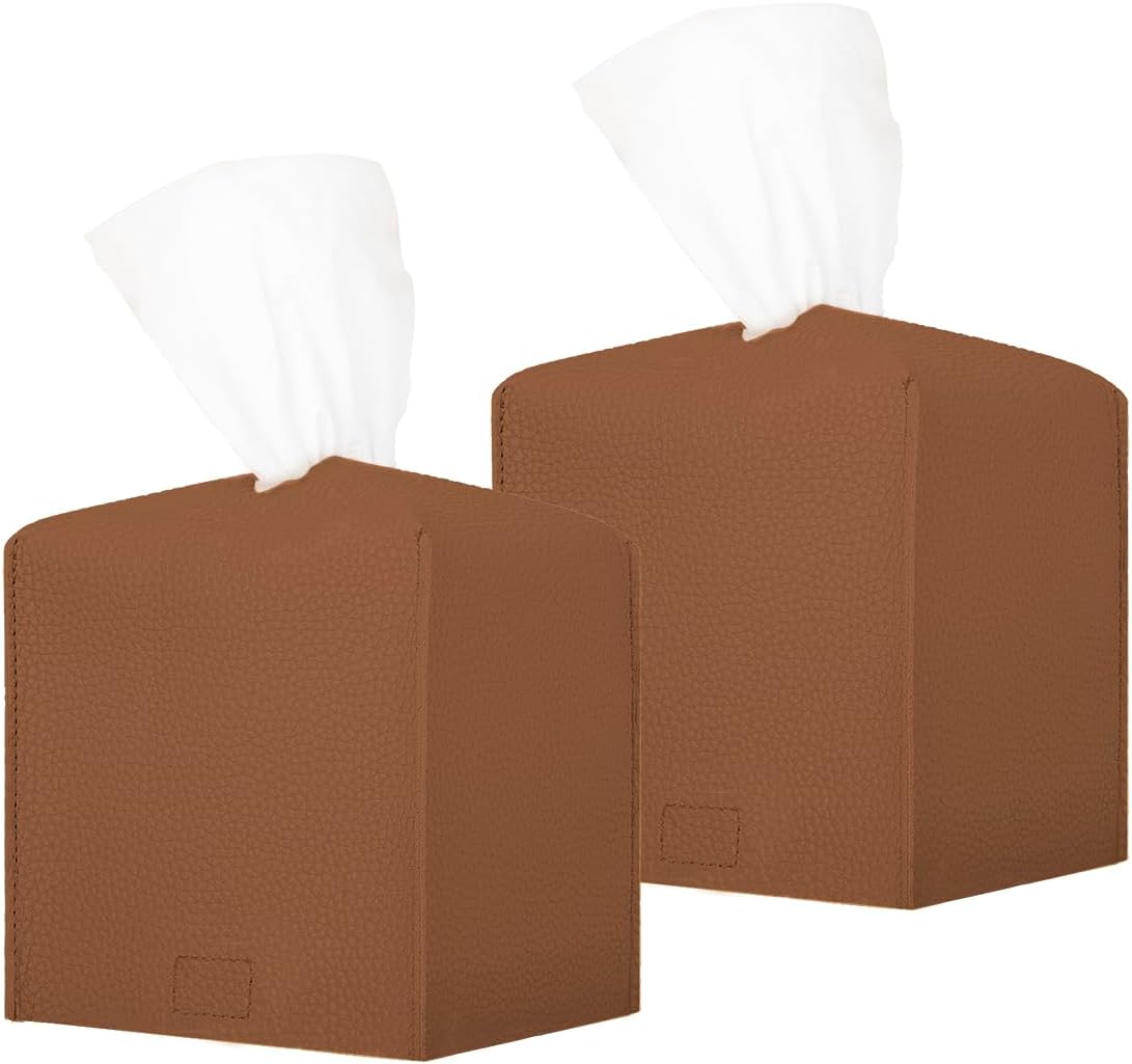 HOMOTEK 2 Pack Tissue Box Cover, Square PU Leather Tissue Holder, Decorative Facial Tissue Cube Paper Organizer Dispenser for Bathroom, Night Stands, Desk, Car 5X5X5'' - Dark Gray, Pebble Grain