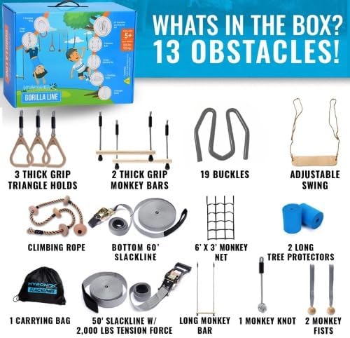 Hyponix Ninja Obstacle Course for Kids – 2 x 60 ft Slacklines with 13 Weatherproof Obstacles – Monkey Net, Ratchet-Tight Tech, Supports 880 lbs – Climbing & Swinging Backyard Fun