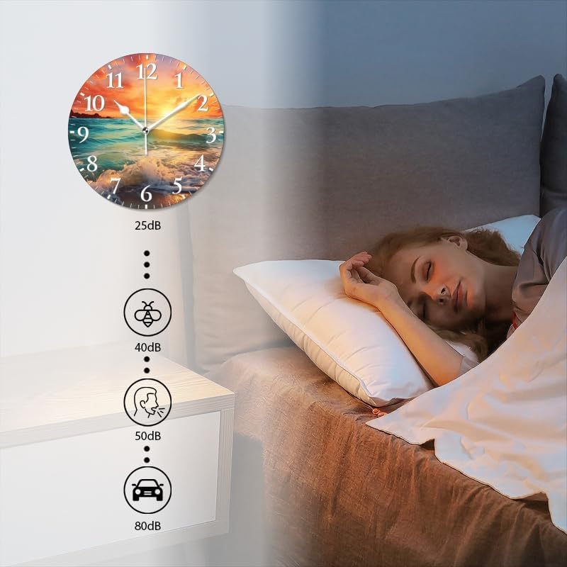 Beach Wall Clock Non-Ticking Silent Clocks Battery Operated Analog Decor Clock for Home-Beautiful Sunset Over The Ocean with Waves Crashing On The Shore(14inch)